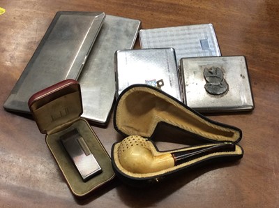 Lot 495 - Dunhill silver plated cigarette lighter, meerschaum pipe and cigarette cases