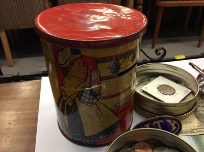 Lot 496 - Old tin containing WWI and police whistles, coins, wristwatches and sundries