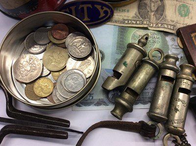 Lot 496 - Old tin containing WWI and police whistles, coins, wristwatches and sundries
