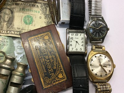 Lot 496 - Old tin containing WWI and police whistles, coins, wristwatches and sundries