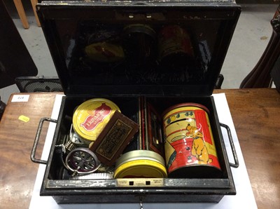 Lot 496 - Old tin containing WWI and police whistles, coins, wristwatches and sundries