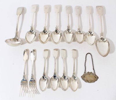 Lot 75 - Victorian Silver fiddle pattern table spoon (London 1849) together with other flatware to include spoons, teaspoons and serving ladle (various dates and makers) and a silver sherry label