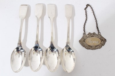 Lot 75 - Victorian Silver fiddle pattern table spoon (London 1849) together with other flatware to include spoons, teaspoons and serving ladle (various dates and makers) and a silver sherry label