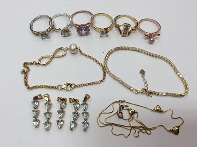 Lot 660 - Six silver and silver gilt dress rings, two silver gilt bracelets, silver gilt chain and five silver gilt gem set pendants