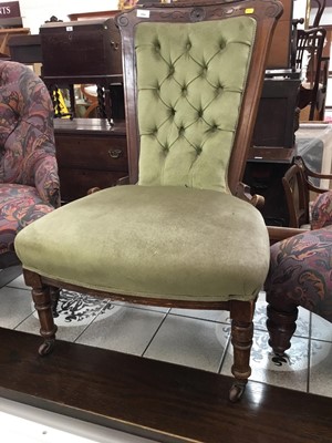 Lot 894 - Edwardian walnut nursing chair with green buttoned upholstery