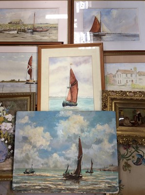 Lot 457 - Frank Selman oil on board- Barges off Leigh and other pictures