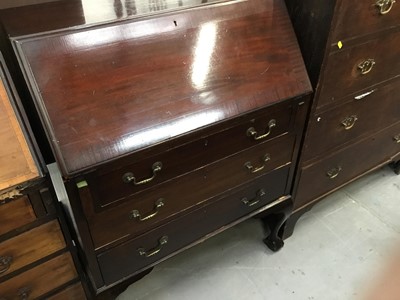 Lot 898 - Georgian- style mahogany bureau with three drawers on cabriole legs and claw and ball feet 76 cm wide