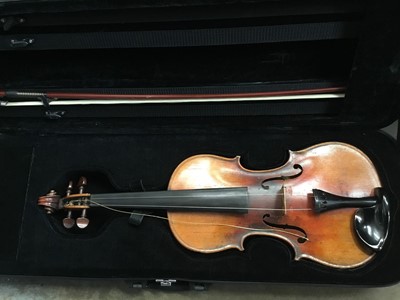 Lot 700 - Antique violin bearing label Antonius Stradivarius Cremonentis 1721, with bow in case