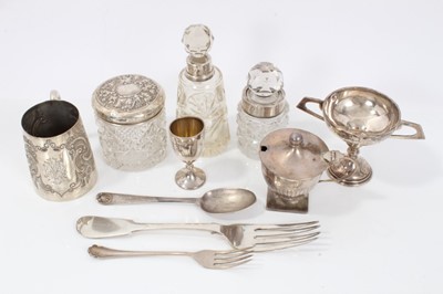 Lot 245 - Mixed group of silver to include pedestal mustard pot, silver mounted toiletry jars, christening mug and other items
