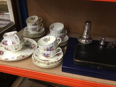 Lot 100 - Royal Worcester Roanoke pattern six place setting teaset, plated cased spoons and other plate