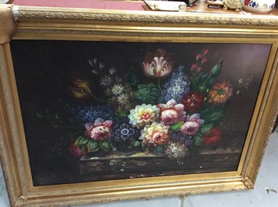 Lot 450 - Oil on canvas still life of flowers and four others of fruit