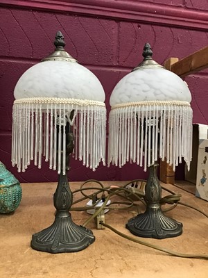 Lot 503 - Pair gilt metal table lamps with mottled glass shades