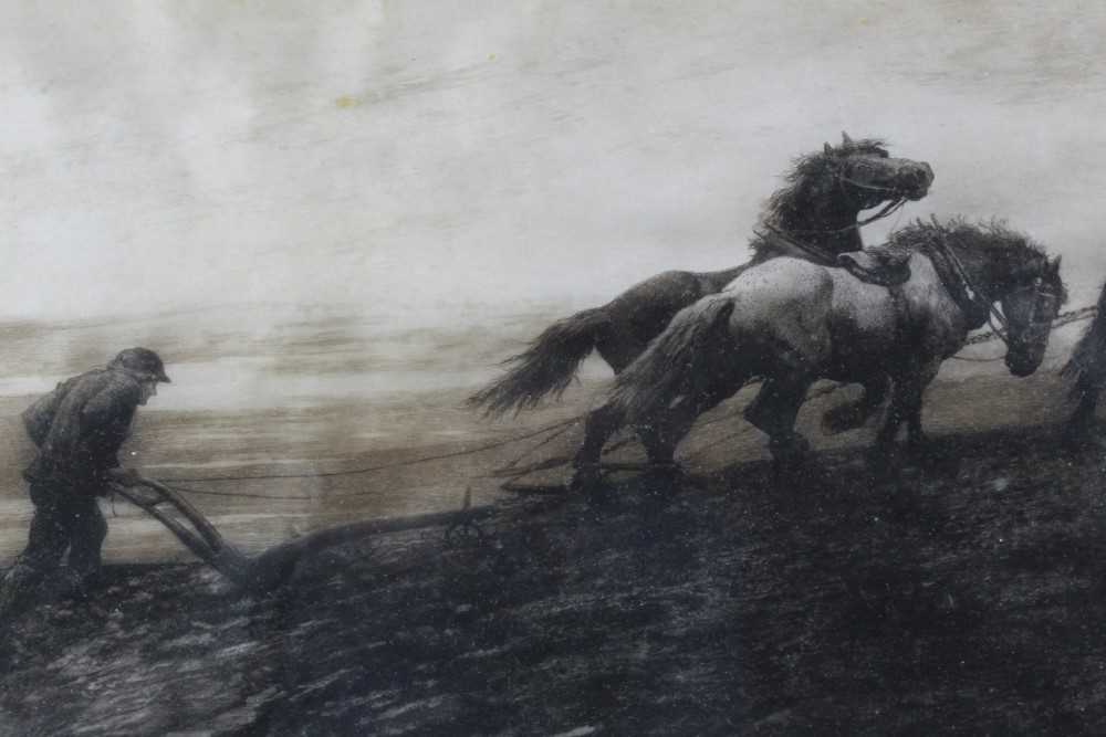 Lot 24 - Herbert Thomas Dicksee (1862-1942) signed black and white etching - The Last Furrow, signed in pencil lower left, published by Frost & Reed 1899, in glazed gilt frame, 31cm x 60cm