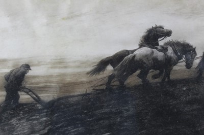Lot 125 - Herbert Thomas Dicksee (1862-1942) signed black and white etching - The Last Furrow, signed in pencil lower left, published by Frost & Reed 1899, in glazed gilt frame, 31cm x 60cm