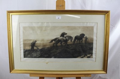 Lot 125 - Herbert Thomas Dicksee (1862-1942) signed black and white etching - The Last Furrow, signed in pencil lower left, published by Frost & Reed 1899, in glazed gilt frame, 31cm x 60cm