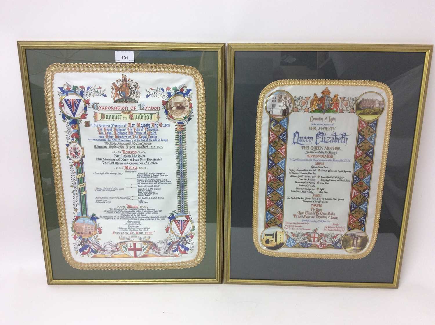 Lot 101 - Two decorative Corporation of London Royal silk menus