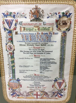 Lot 101 - Two decorative Corporation of London Royal silk menus