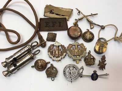 Lot 482 - Group military badges, pins, two whistles and a sovereign case