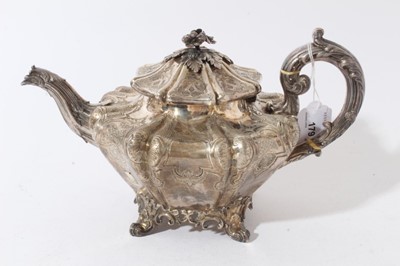 Lot 179 - Good quality Early Victorian silver three piece teaset comprising teapot of octagonal form with engraved and fluted decoration, domed hinged cover with floral finial