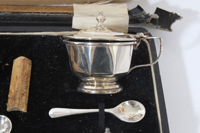 Lot 80 - George V silver six piece cruet set comprising two salt cellars, two pepperettes, two mustard pots (Birmingham 1930), together with four silver salt and mustard spoons
