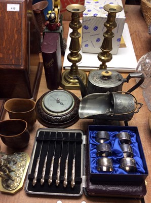 Lot 417 - Figured walnut work box, pair brass candlesticks, plated items, wall barometer and sundries