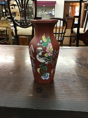 Lot 86 - Chinese Yixing pottery vase, hexagonal form, with enamel bird, flower and calligraphy decoration