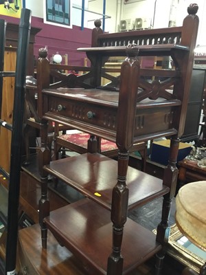 Lot 931 - Edwardian mahogany three tier whatnot with drawer and mirrored ledge back on turned supports