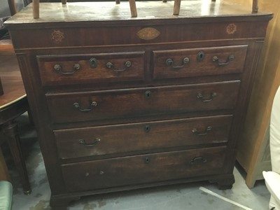 Lot 934 - George III inlaid oak and mahogany chest with two short and three long graduated drawers on ogre bracket feet 124 cm wide, 122 cm high, 53cm deep