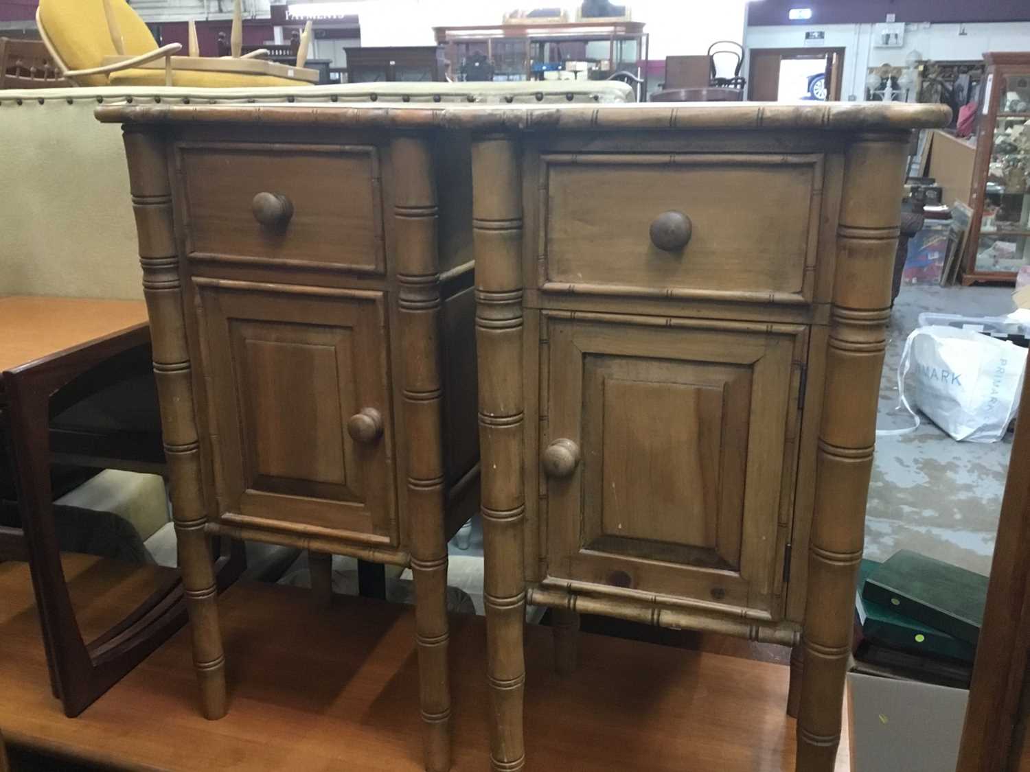 Lot 945 - Pair pine simulated bamboo bedside tables each with drawer and cupboard