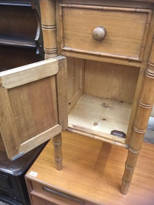 Lot 945 - Pair pine simulated bamboo bedside tables each with drawer and cupboard