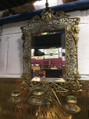 Lot 173 - Brass three branch girandole wall mirror