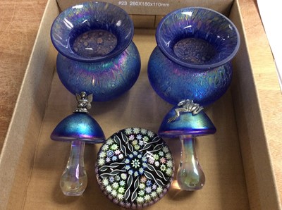 Lot 429 - Pair purple iridescent vases, two similar glass mushroom ornaments with plated frog and fairy mounts and a paperweight