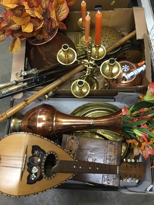 Lot 219 - Old mandolin, old copper flagon, various copper, brass, and sundries
