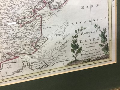Lot 190 - Antonia Zatta - 18th Century hand coloured engraved map of Essex, framed together with various then engravings