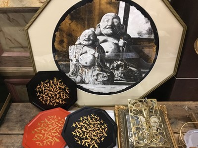 Lot 42 - Japanese lacquered dishes, brass ware, mirrors, and a signed print (30/50) of Hotei by American artist Brian Williams