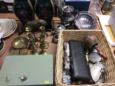 Lot 441 - Two pairs brass candlesticks, silver plated three piece tea set, plated flatware and sundries