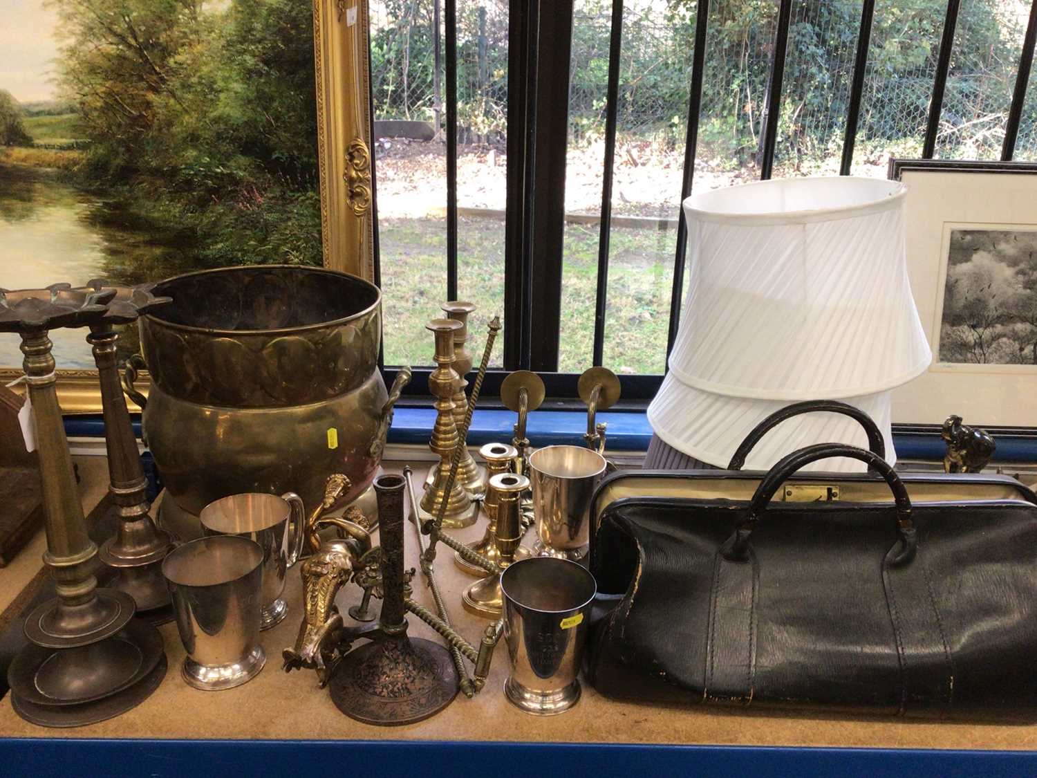 Lot 60 - Collection of brass ware, Gladstone bag, and three lamp shades