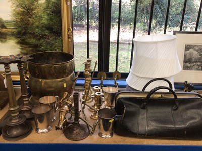 Lot 60 - Collection of brass ware, Gladstone bag, and three lamp shades