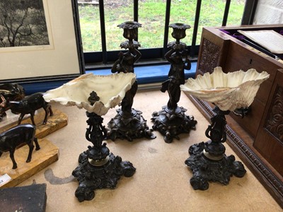 Lot 63 - Pair of figural candlesticks and a pair of shell mounted centrepieces