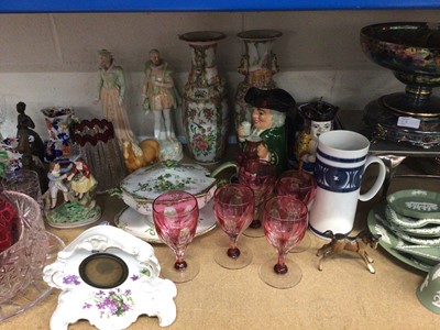 Lot 67 - Assorted ceramics and glass, including a pair of Canton vases, pair of continental figures, Wedgwood jasper ware, etc, and a box of fur and linen