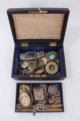 Lot 96 - Antique leather jewellery box containing antique silver and paste-set lizard brooch, antique cameo brooch, antique carved horn brooch and various costume jewellery and wristwatches
