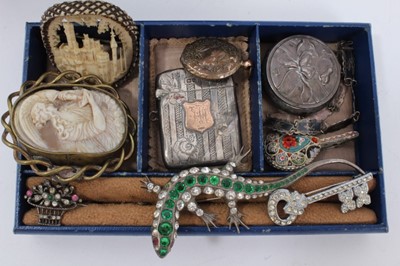 Lot 96 - Antique leather jewellery box containing antique silver and paste-set lizard brooch, antique cameo brooch, antique carved horn brooch and various costume jewellery and wristwatches