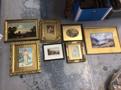 Lot 74 - Small collection of 19th century and later pictures and prints, including an oil on panel and a watercolour portrait of a woman dressed in robes