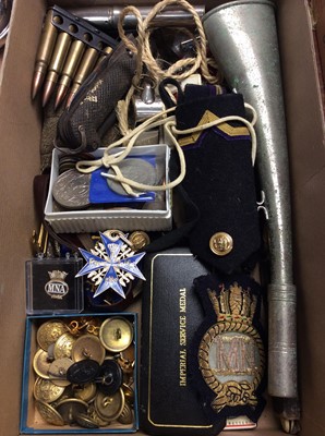 Lot 456 - Group military buttons, badges, enamel pins, whistle, penknives, other military related items and coins