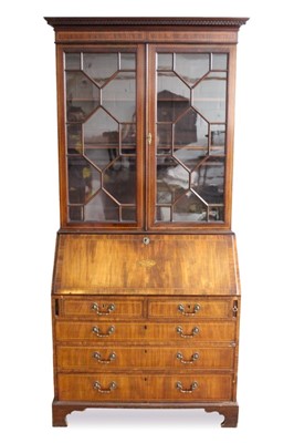 Lot 628 - Late 19th century inlaid mahogany bureau bookcase with astragal glazed upper section above a fitted interior and drawers below