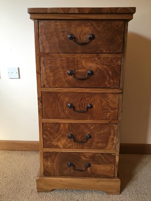 Lot 972 - Contemporary narrow burr elm chest of five drawers