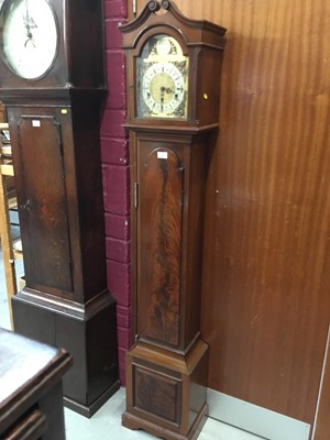 Lot 989 - Good quality grandmother clock with arched gilt and silvered dial, chiming movement in mahogany case and pendulum