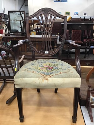 Lot 994 - Georgian style mahogany shield back elbow chair with tapestry seat on reeded legs