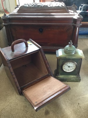 Lot 198 - Late Victorian carved mahogany casket, Edwardian oak box in the form of a coal scuttle, and a Victorian green onyx timepiece