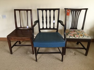 Lot 979 - Georgian mahogany dining chair with tapestry seat, mahogany framed elbow chair and one other (3)